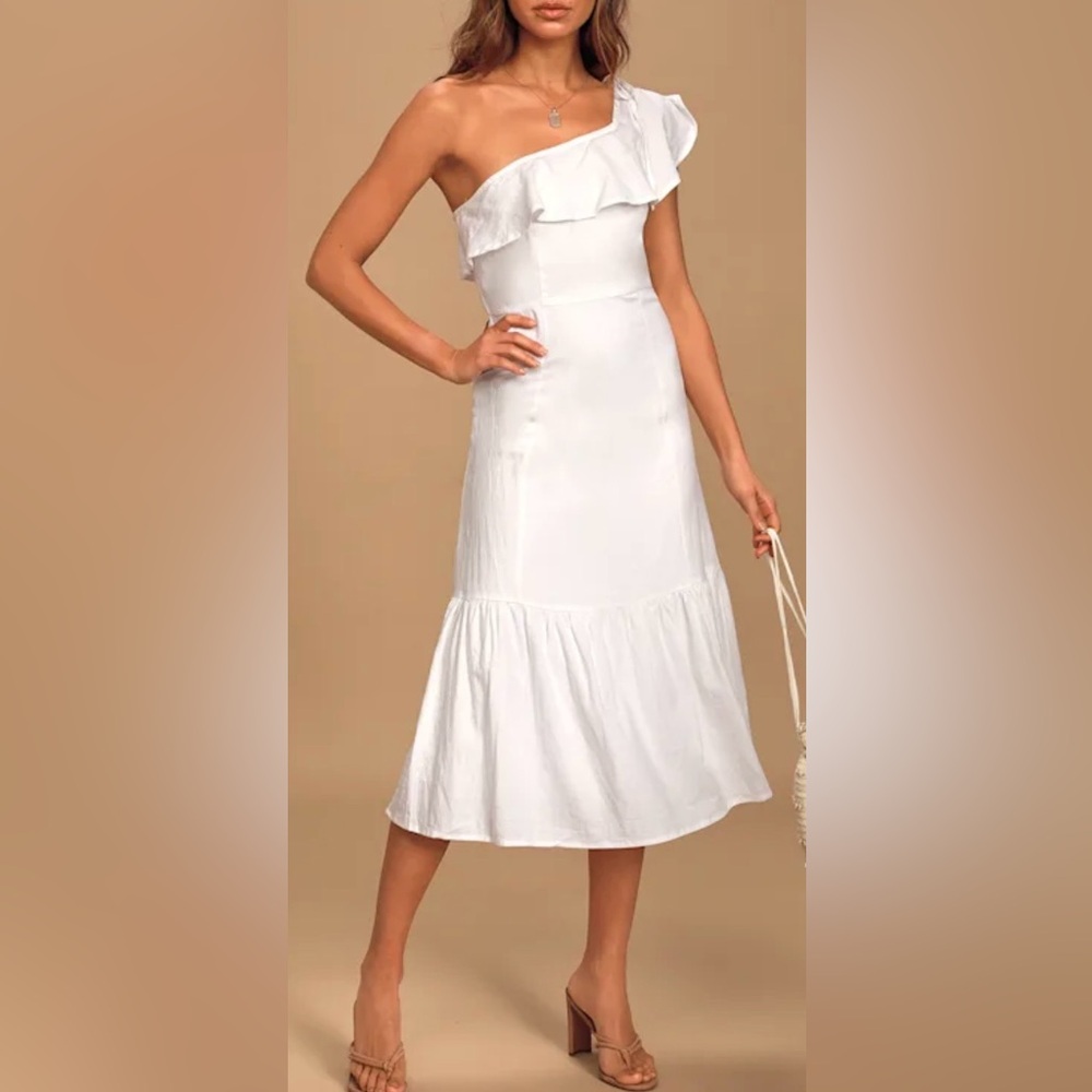 Lulu's Sun-kissed Memories White One-Shoulder Midi Dress XS. Linen blend